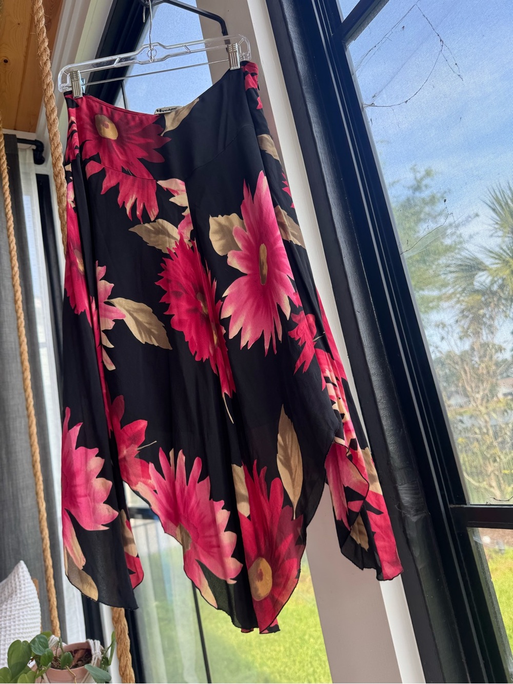 Women’s Floral Handkerchief Hem fairy whimsical Skirt - Black with Pink Blooms